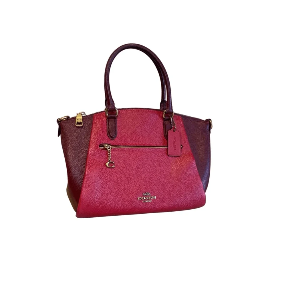 Coach Elise Red Pebbled Leather Bag Satchel Bag Colorblock